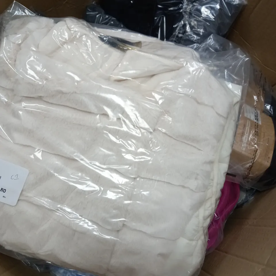 BOX OF ASSORTED CLOTHING ITEMS TOO INCLUDE TOPS , JUMPERS, AND PANTS ETC. 