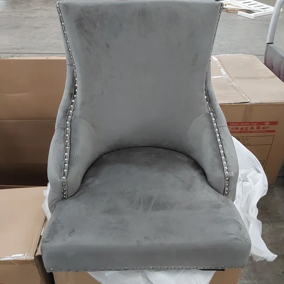 BOXED ELIZABETH GREY VELVET DINING CHAIRS - SET OF 2 (1 BOX, LEGS MISSING)
