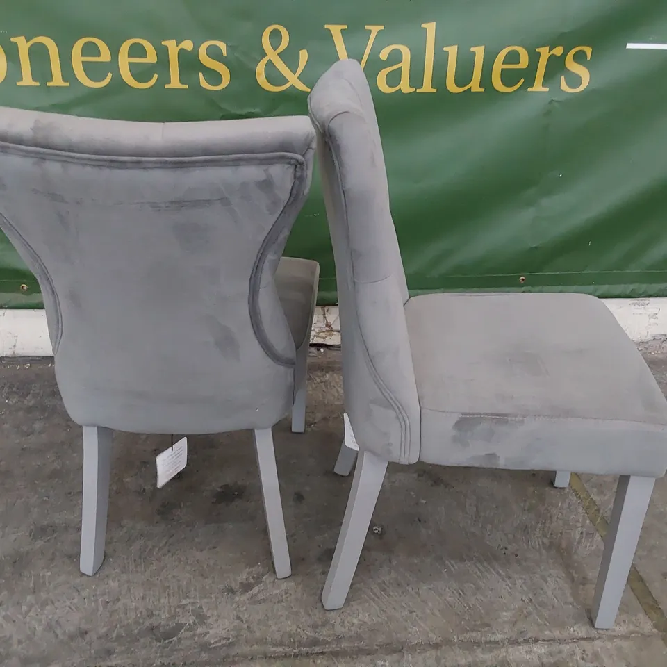 PAIR OF UPHOLSTERED BUTTONED BACK DINING CHAIRS GREY PLUSH FABRIC ON GREY PAINTED LEGS 