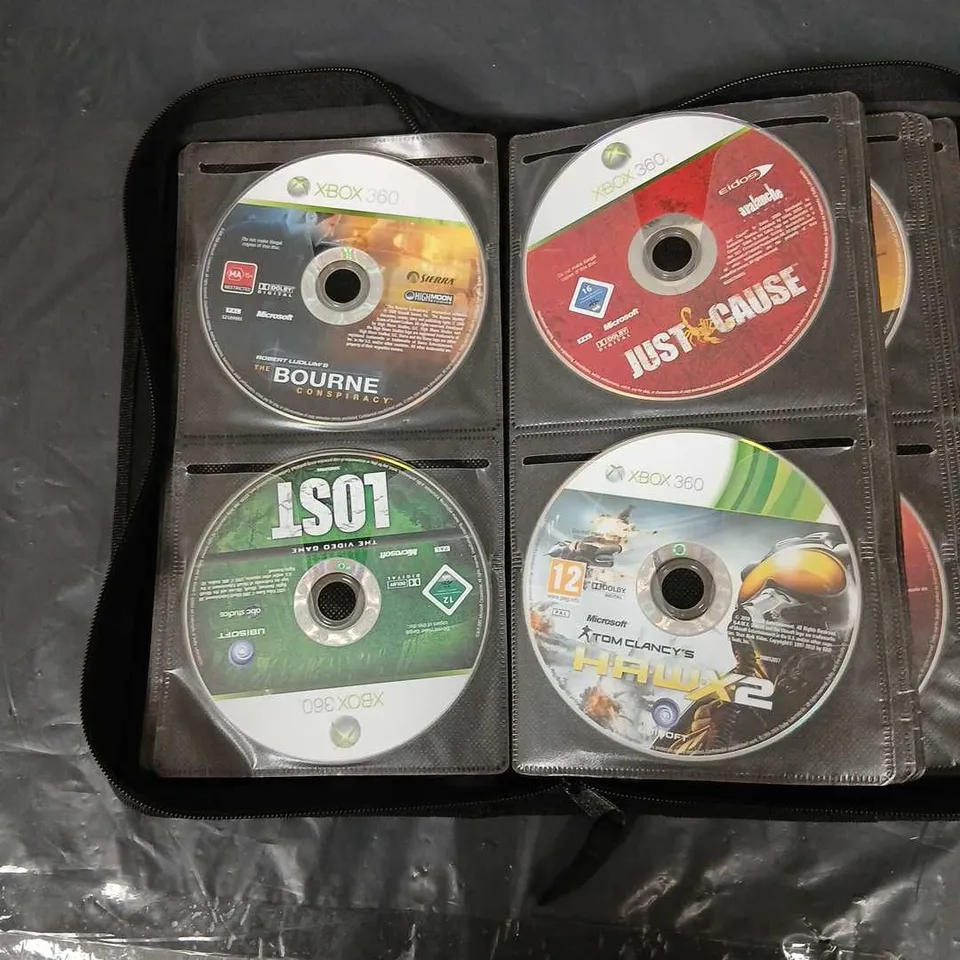 CD/GAME WALLET WITH APPROXIMATELY 50 ASSORTED XBOX 360 GAMES