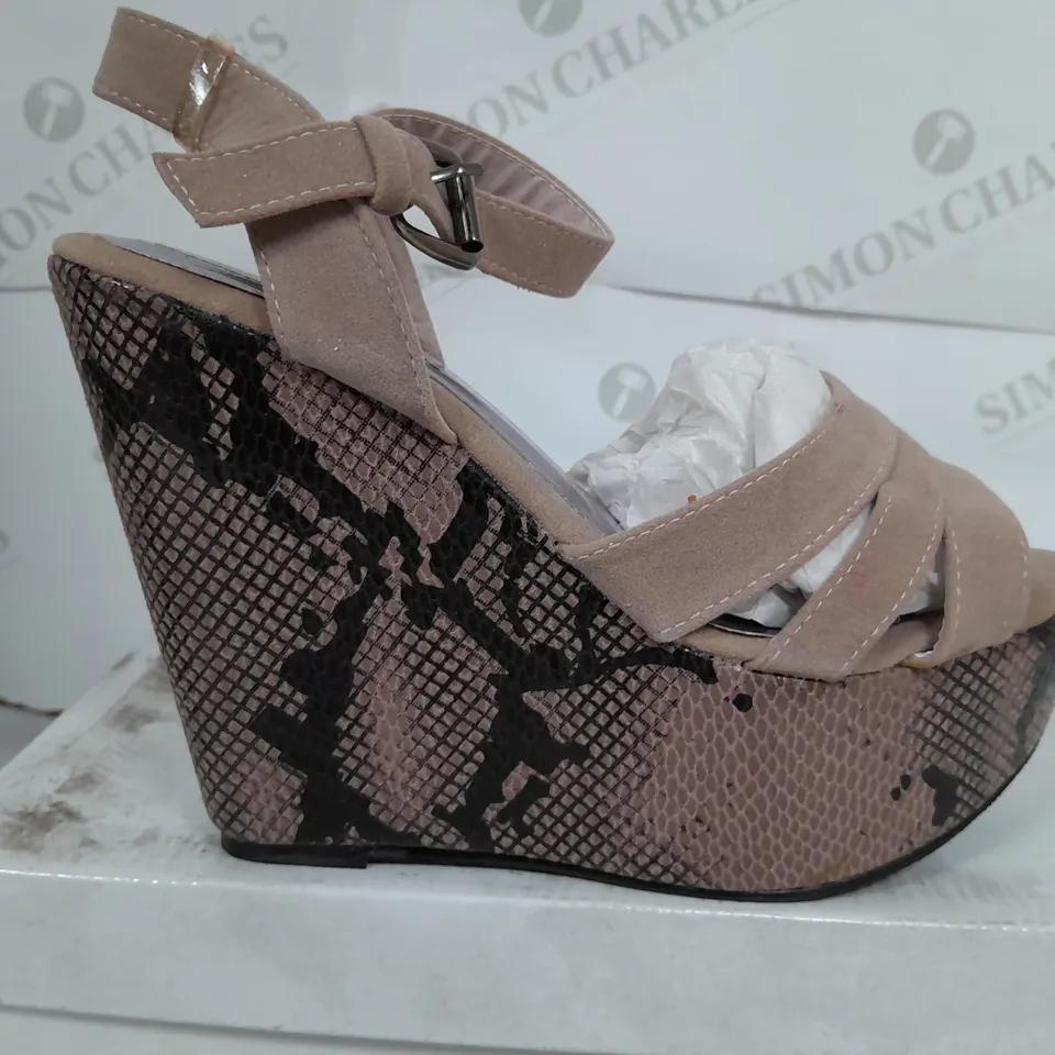 BOXED PAIR OF KRUSH OPEN TOE STRAP PLATFORM SHOES IN MINK - SIZE 5