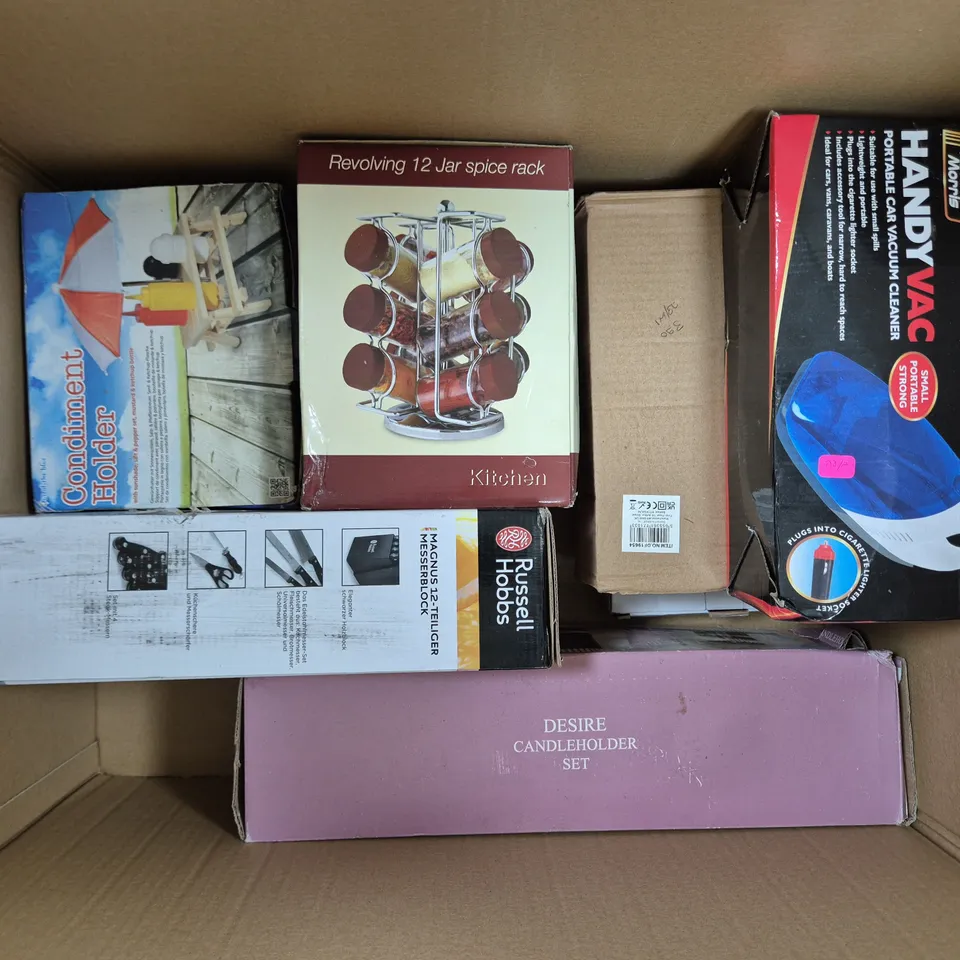 BOX OF APPROXIMATELY 8 ASSORTED HOUSEHOLD ITEMS TO INCLUDE DESIRE CANDLEHOLDER SET, RUSSELL HOBBS KNIFE BLOCK, ETC - COLLECTION ONLY