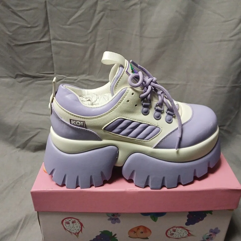 BOXED PAIR OF KOI FRUITTI TUTTI GRAPE JELLY TRAINERS IN PURPLE/WHITE SIZE UK 5