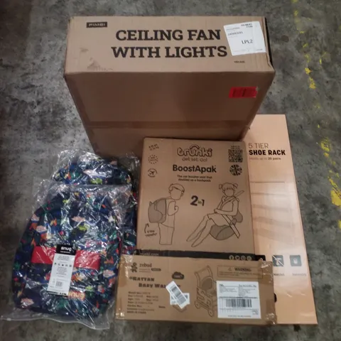 PALLET CONTAINING ASSORTED PRODUCTS INCLUDING CEILING FAN WITH LIGHTS, 5-TIER SHOE RACK, RATTAN BABY WALKER, BOOSTER SEAT/BACKPACK & KIDS BACKPACKS