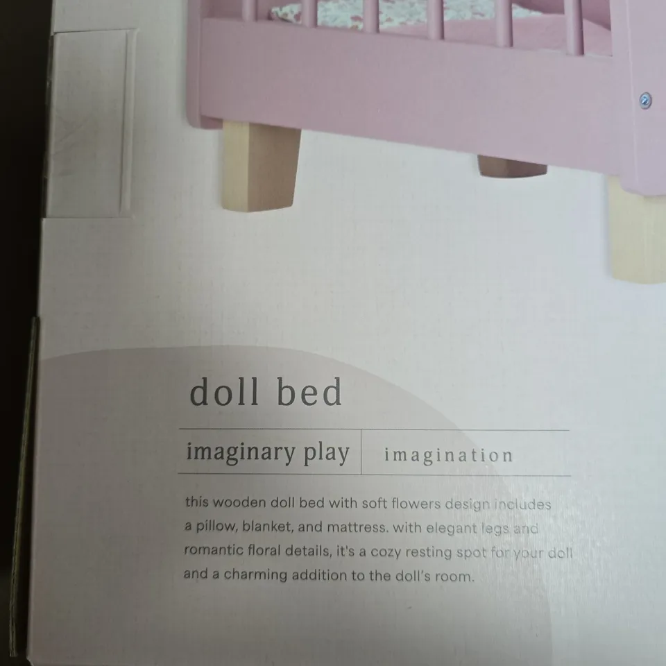 DOLL BED – WOODEN PINK TOY FURNITURE FOR IMAGINATIVE PLAY