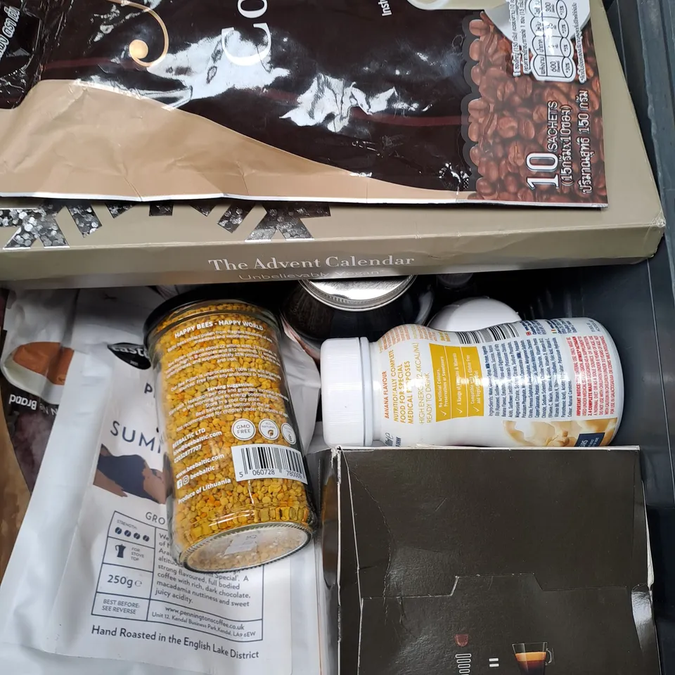 BOX OF APPROXIMATELY 10 ITEMS TO INCLUDE BEE POLLEN, HOTEL CHOCOLATE, GROUND COFFEE ETC