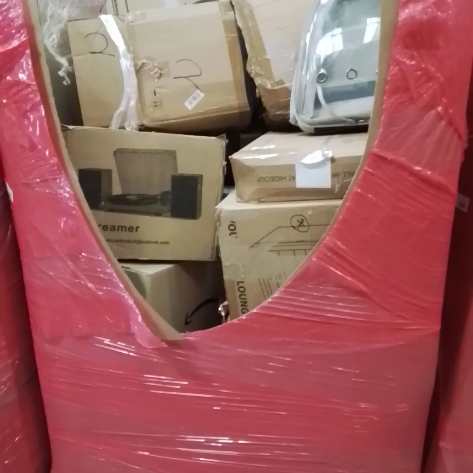 PALLET CONTAINING VARIOUS ASSORTED BOXED HOUSEHOLD ITEMS TO INCLUDE: TURNTABLE SYSTEM, CHILDREN'S BACK PACK, FILING CABINET AND LOTS MORE UNMARKED BOXED ITEMS 