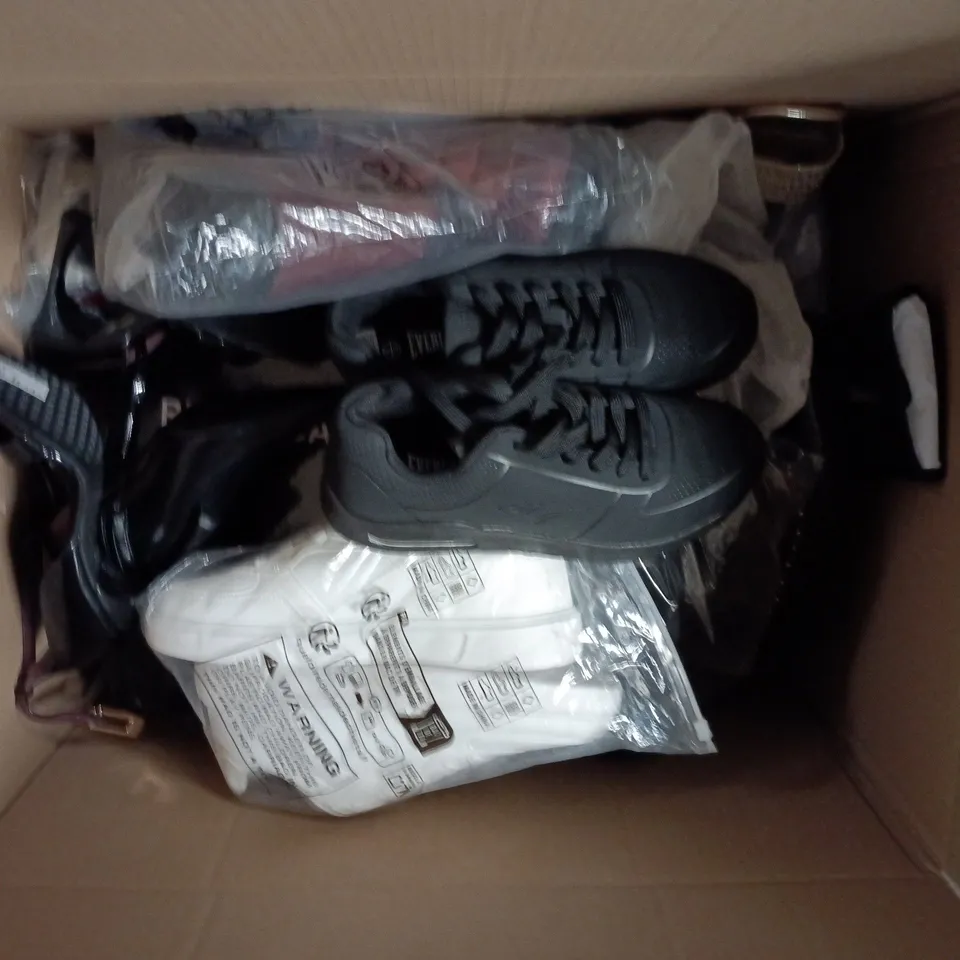BOX OF APPROXIMATELY 12 PAIRS OF ASSORTED SHOES IN VARIOUS COLOUR, STYLES AND SIZES