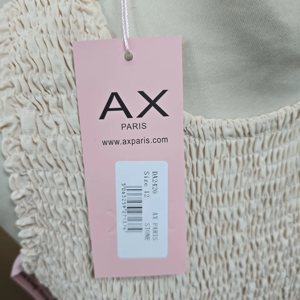 AX PARIS SLEEVELESS SMOCKED BODICE MAXI DRESS, STONE, UK 12