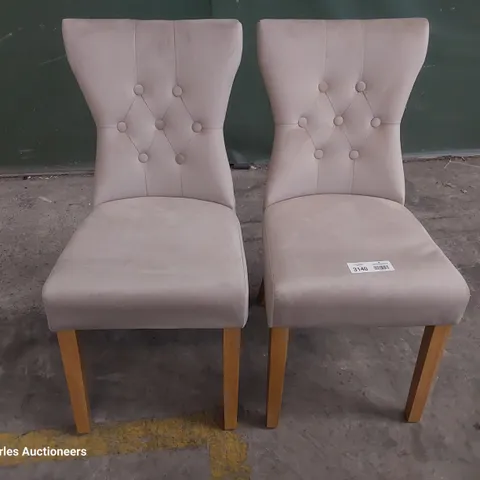 PAIR OF UPHOLSTERED BUTTONED BACK DINING CHAIRS MINK PLUSH FABRIC ON NATURAL WOOD LEGS 