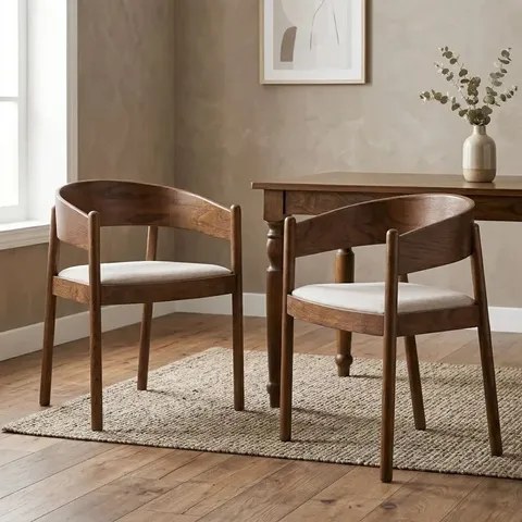 BOXED MAPLEN LIGHT BROWN TEXTURED FABRIC DINING CHAIR WITH WALNUT EFFECT ELM FRAME