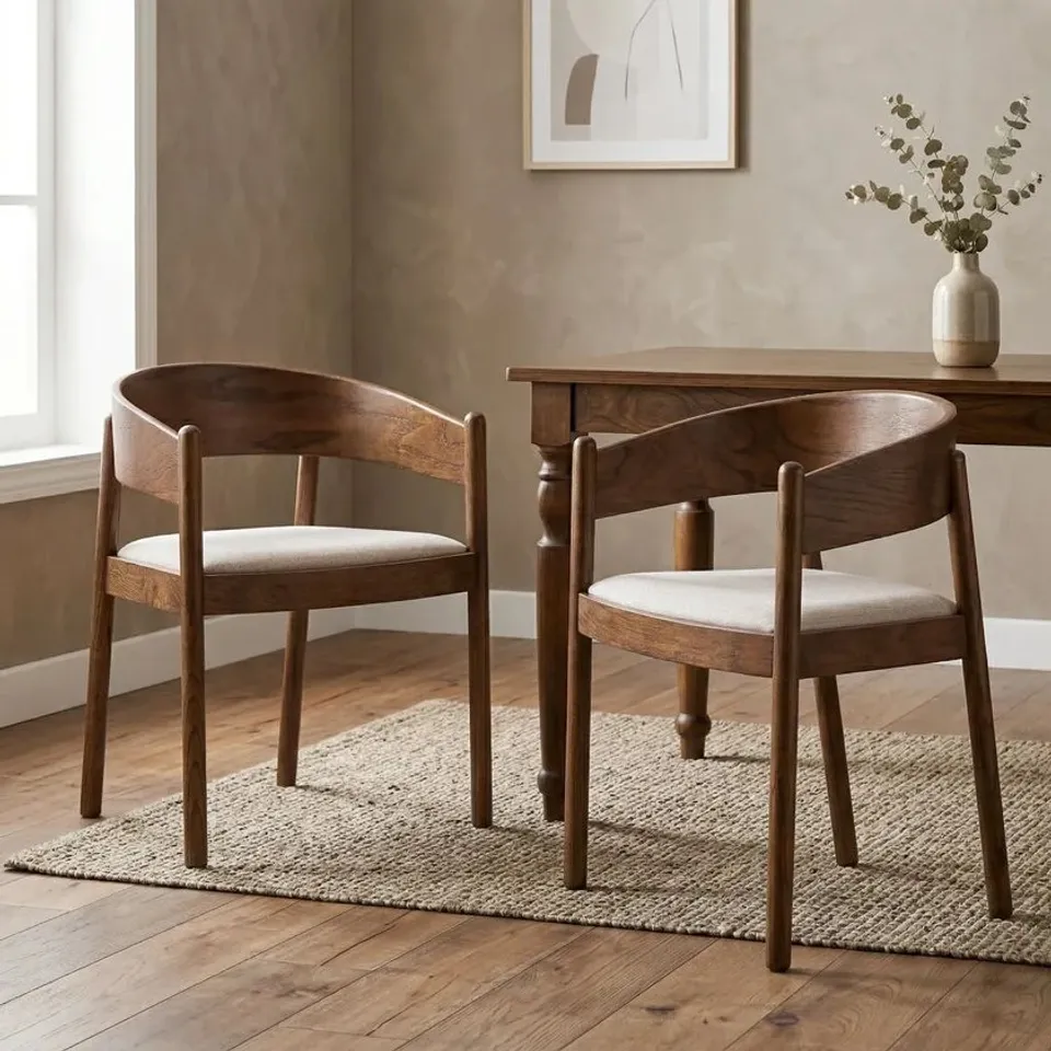 BOXED MAPLEN LIGHT BROWN TEXTURED FABRIC DINING CHAIR WITH WALNUT EFFECT ELM FRAME
