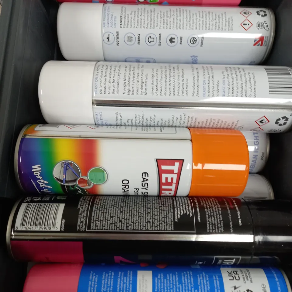 BOX OF APPROX 10 ASSORTED LIQUIDS TO INCLUDE - TRESEMME EXTRA HOLD, SQUASHIE SRY SHAMPOO, AIRFRESHENER ETC