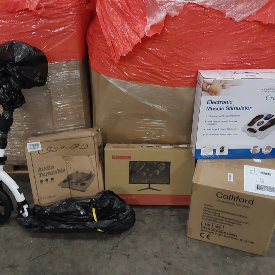PALLET OF ASSORTED ITEMS INCLUDING: WIDE-SCREEN MONITOR, HAIR DRYER, ELECTRIC MUSCLE STIMULATOR, AUDIO TURNTABLE. SCOOTER