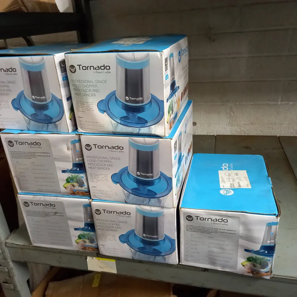 LOT OF 9 BOXED TORNADO PROFESSIONAL GRADE FOOD CHOPPERS, PROCESSORS AND MEAT GRINDERS