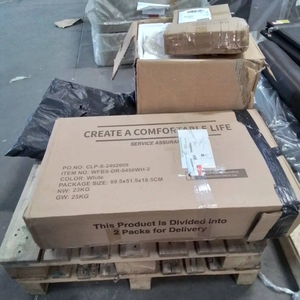 PALLET CONTAINING VARIOUS BOXED FURNITURE PARTS AND OTHER HOUSEHOLD ITEMS ETC.