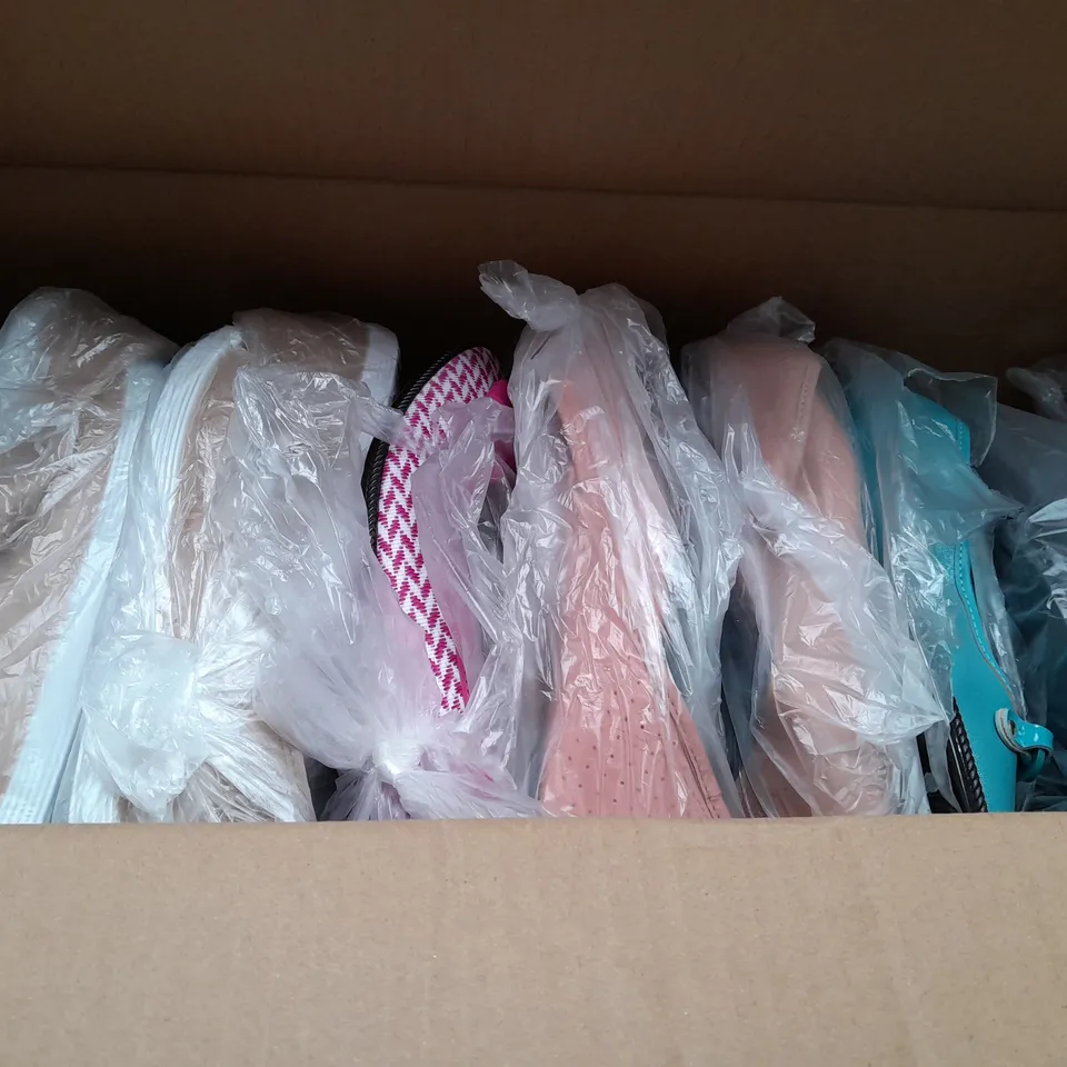 BOX OF APPROX 36 ASSORTED SLIP ON SHOES IN VARIOUS SIZES & COLOURS