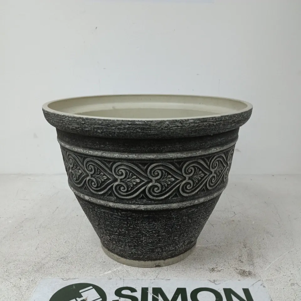 LARGE STONE-EFFECT PLANTER WITH EMBOSSED SCROLL MOTIF