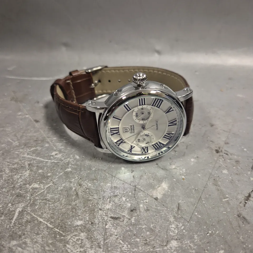 MENS ERNEST FERDINAND WATCH – FUNCTIONING SUB DIALS – LEATHER STRAP – GLASS EXHIBITION