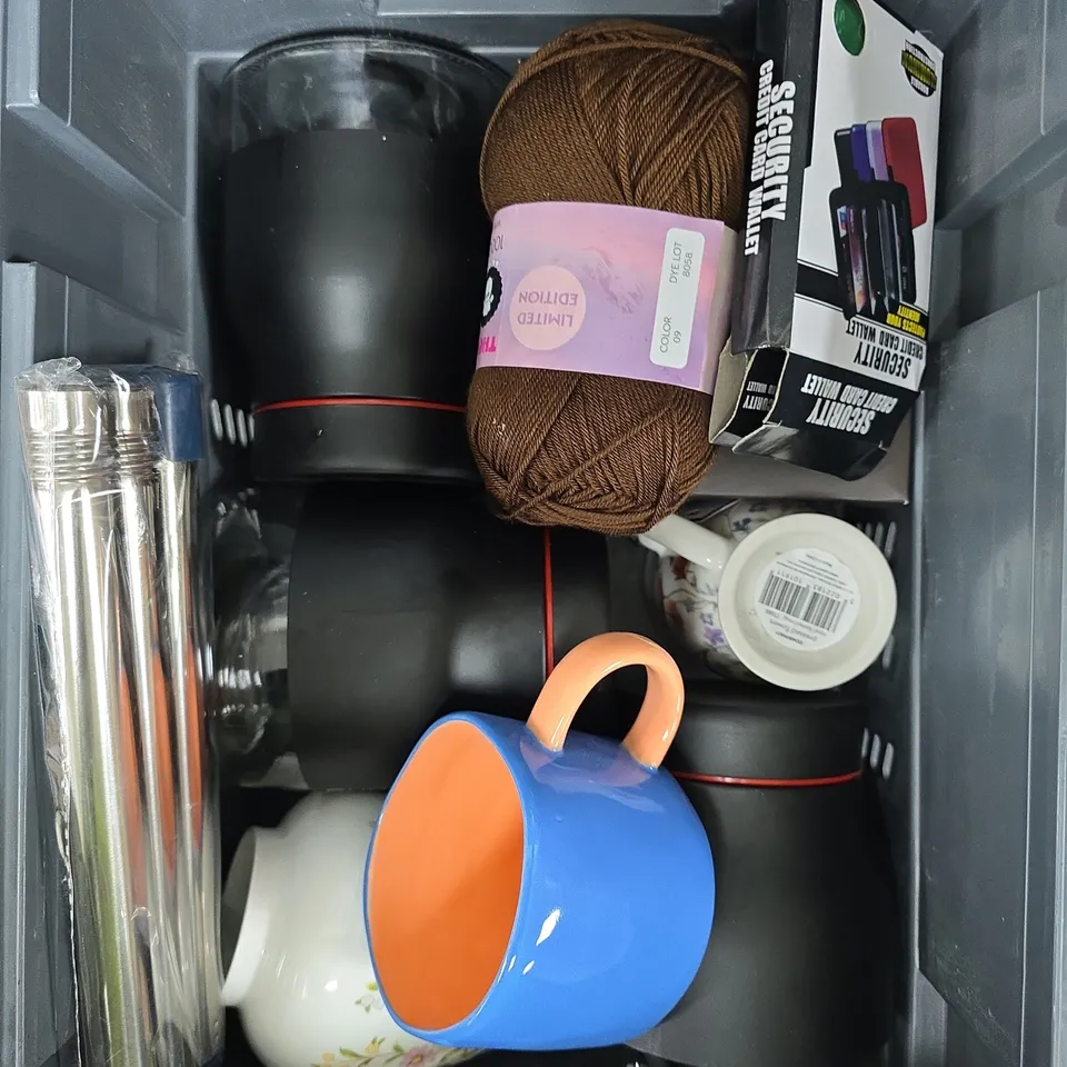 APPROXIMATELY 10 ASSORTED HOUSEHOLD PRODUCTS TO INCLUDE SECURITY WALLET, YARN, MUG ETC 