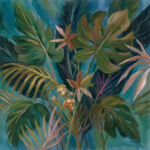 BAGGED MIDNIGHT TROPICAL LEAVES BY SILVIA VASSILEVA - WRAPPED CANVAS PAINTING