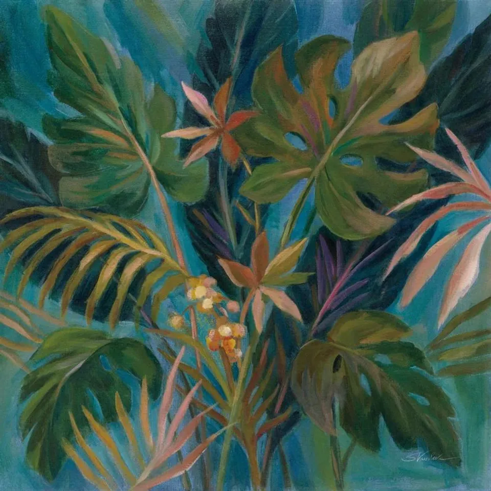 BAGGED MIDNIGHT TROPICAL LEAVES BY SILVIA VASSILEVA - WRAPPED CANVAS PAINTING