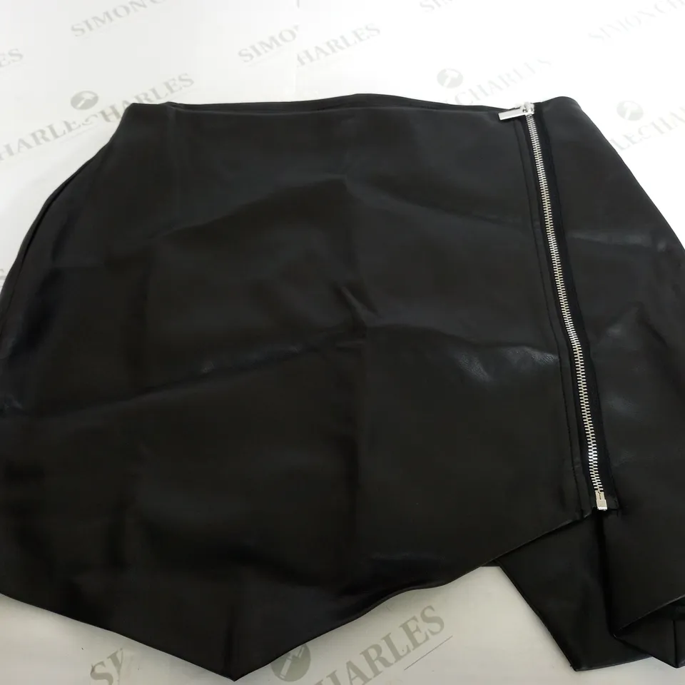SIMMI WRAP FRONT LEATHER-LOOK MINI SKIRT IN BLACK - UK 14