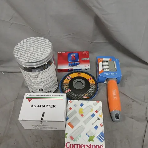 APPROXIMATELY 15 ASSORTED HOUSEHOLD ITEMS TO INCLUDE AC ADAPTER, WAHL AND FLAP DISC