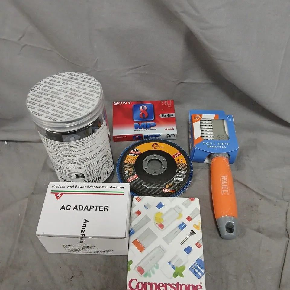 APPROXIMATELY 15 ASSORTED HOUSEHOLD ITEMS TO INCLUDE AC ADAPTER, WAHL AND FLAP DISC