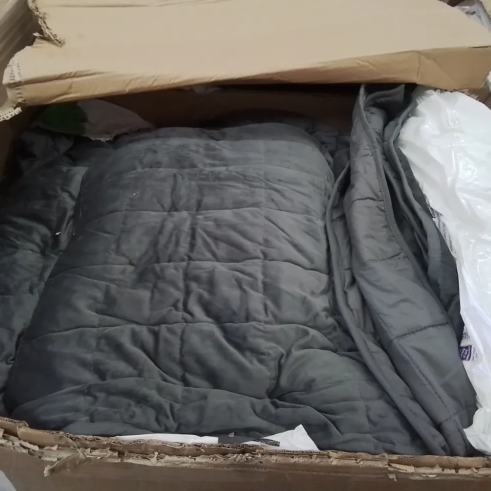 TWO LARGE BOXES OF ASSORTED PILLOWS AND WEIGHTED BLANKETS