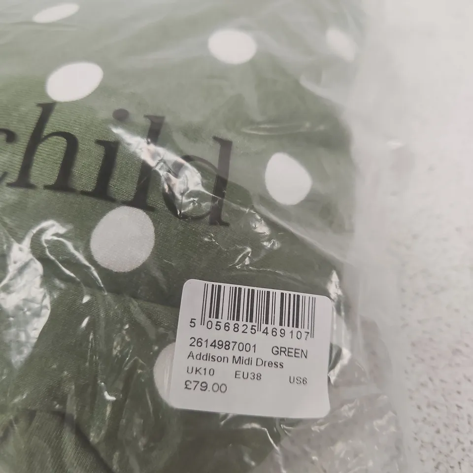 NOBODYS CHILD ADDISON MIDI DRESS – GREEN WITH WHITE POLKA DOTS, UK10