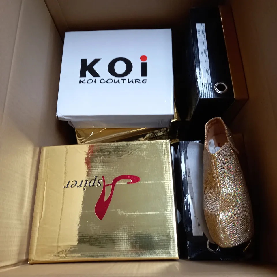 BOX OF APPROX 10 PAIRS OF ASSORTED HEELS TO INCLUDE KOI COUTURE BLUE AND ASPIRER GOLD - VARIOUS SIZES
