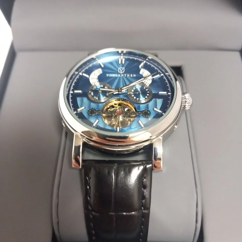 MENS VONLANTHEN AUTOMATIC WATCH – DATE YEAR SUB DIAL COMPLICATIONS – OPEN HEART MOVEMENT – GLASS EXHIBITION BACKCASE – BLACK LEATHER STRAP 