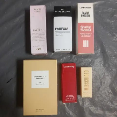 BOX OF APPROX 6 ASSORTED BOXED FRAGRANCES TO INCLUDE - LANIMPRESS FRUITY FLORAL - MISSGUIDED BABE POWER - ZARA PEACH GLOW - ETC