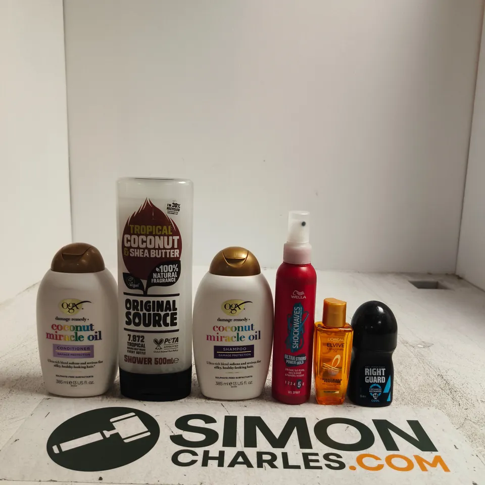 APPROXIMATELY 20 ASSORTED BEAUTY PRODUCTS INCLUDING RIGHT GUARD ANTI-PERSPIRANT, L'OREAL ELVIVE EXTRAORDINARY OIL AND WELLA SHOCKWAVES GEL SPRAY