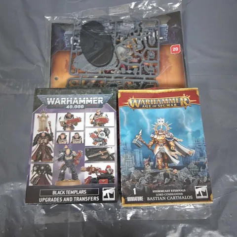 THREE ASSORTED WARHAMMER PRODUCTS TO INCLUDE; 40,000 BLACK TEMPLARS UPGRADES AND TRANSFERS AND AGE OF SIGMAR STORMCAST ETERNALS LORD- COMMANDER BASTIAN CARTHALOS