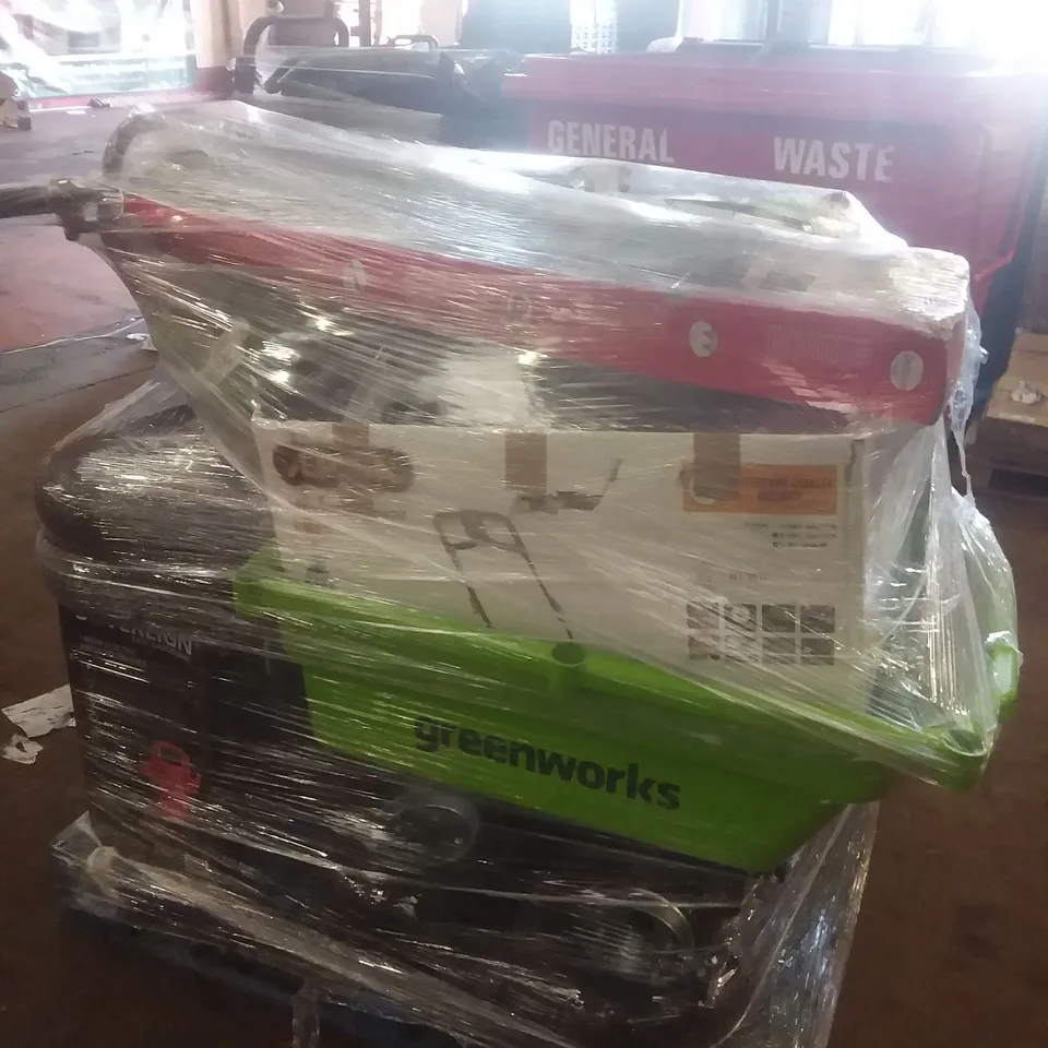 PALLET OF ASSORTED GARDENING EQUIPMENT INCLUDING long reach hedge trimmer, electric pressure washer, battery powered lawn mower, cordless lawm mower 