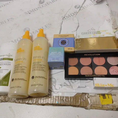 LOT OF BEAUTY PRODUCTS TO INCLUDE ODOUR CONTROL BODYWASH, REVOLUTION BLUSH PALETTE, ETC
