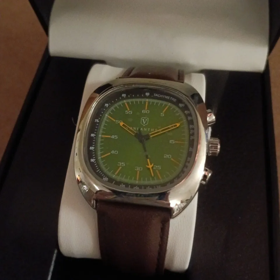VONLANTHEN AVIATION WATCH FEATURING A GREEN DIAL AND A BROWN LEATHER STRAP 