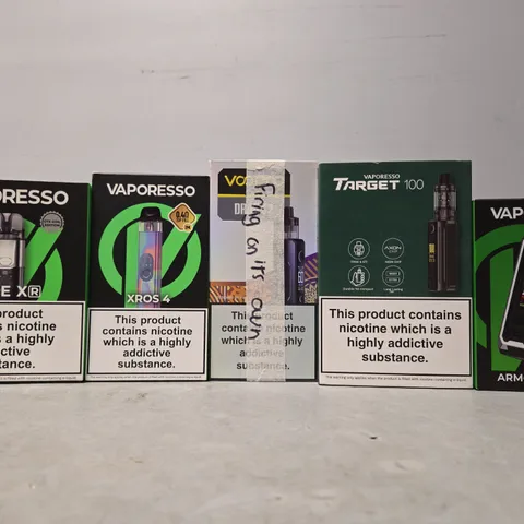 BOX OF APPROXIMATELY 15 ASSORTED E-CIGARETTES TO INCLUDE - VAPORESSO , VOOPOO