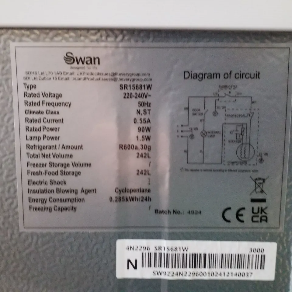 SWAN SR15681W UPRIGHT FRIDGE – WHITE, 242L, 143CM TALL