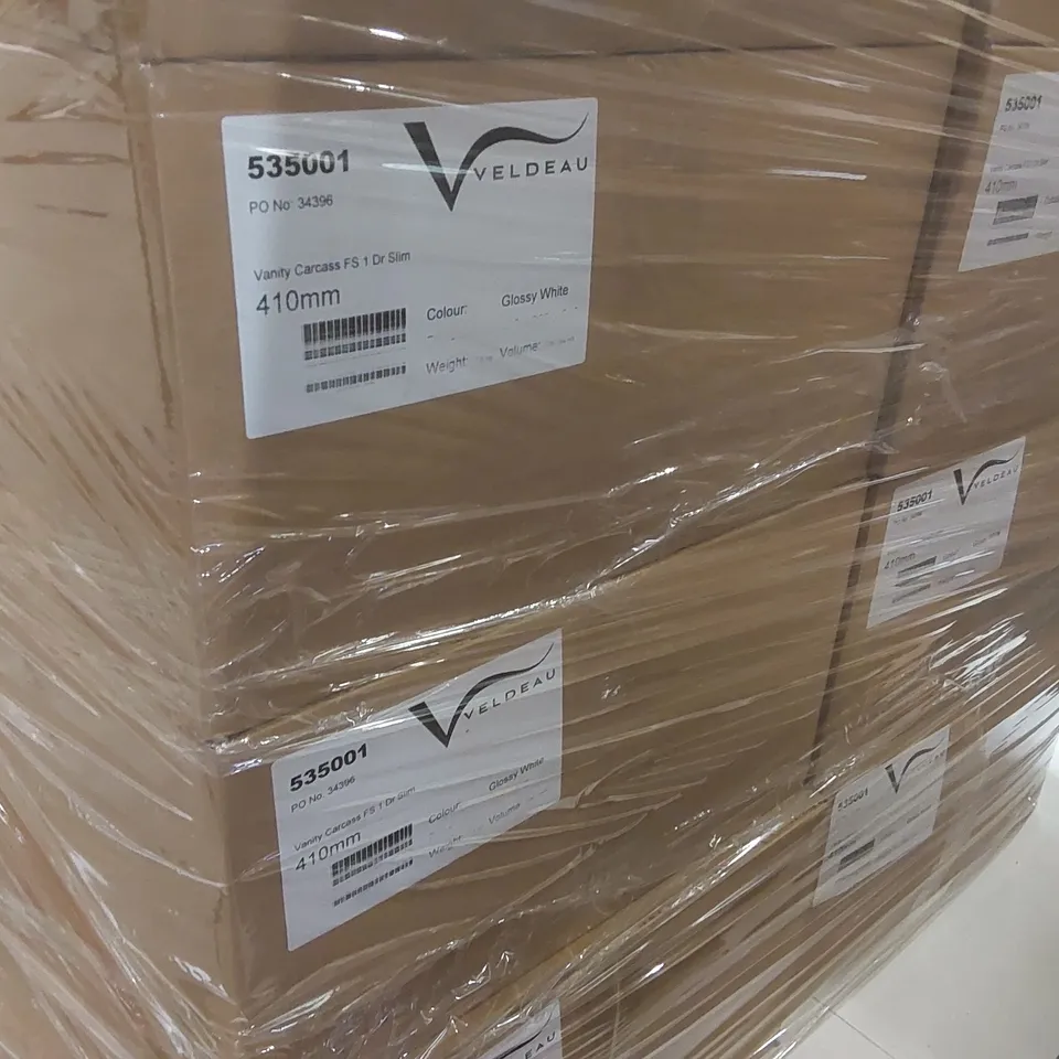 PALLET CONTAINING A LARGE QUANTITY OF ASSORTED BATHROOM FURNITURE PARTS INCLUDING: VELDEAU VANITY CARCASSES ECT