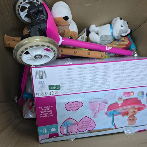 APPROXIMATELY 6 ASSORTED TOYS & GAMES PRODUCTS TO INCLUDE GIDDY UP HOBBY HORSE, ELC SCOOTER, ETC - COLLECTION ONLY