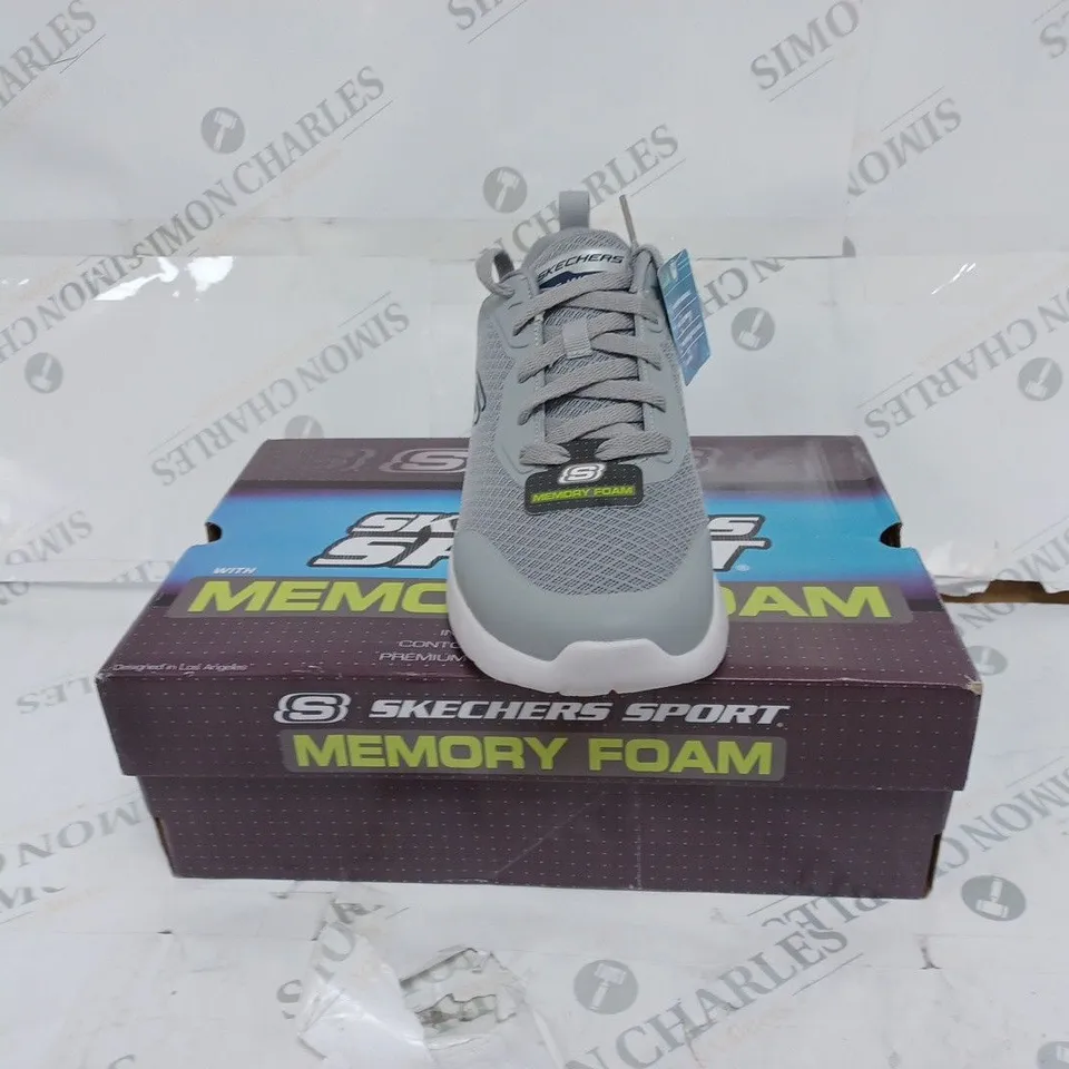 BOXED SKECHERS GREY LOGO TRAINERS- SIZE 8 