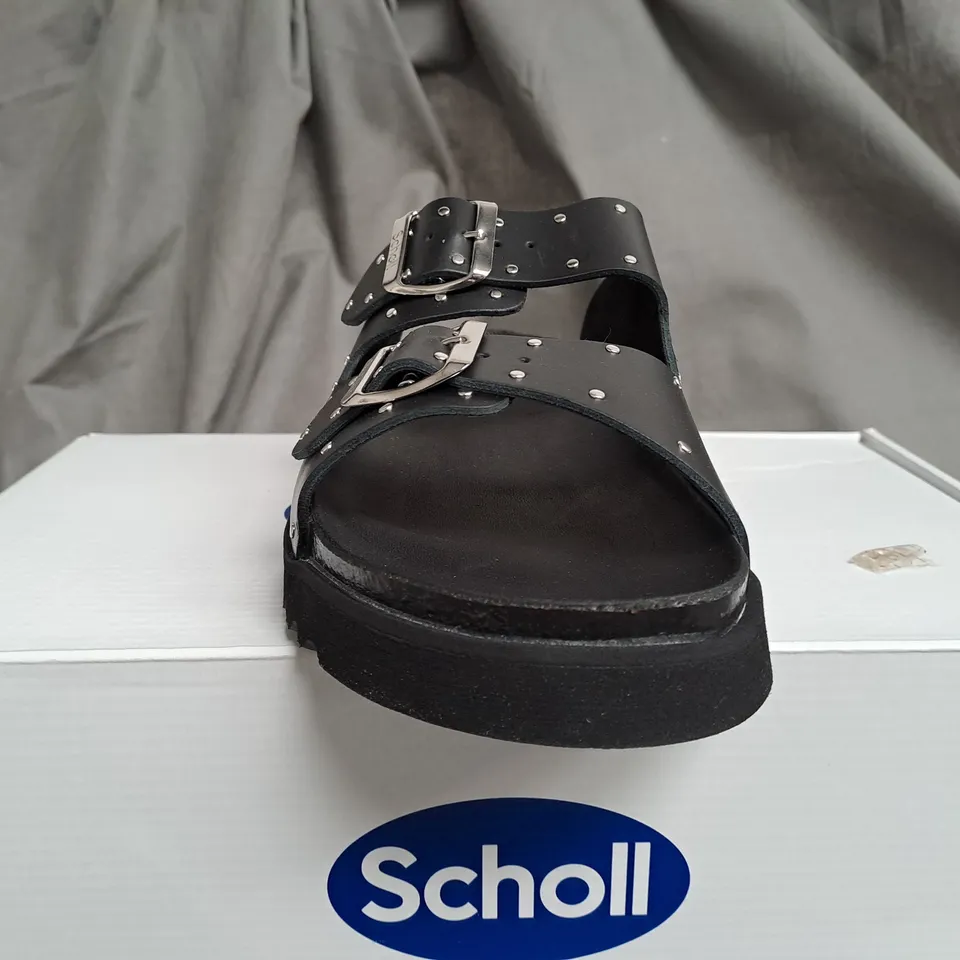 BOXED SCHOLL RAISED BLACK OPEN TOE SANDALS - SIZE 7