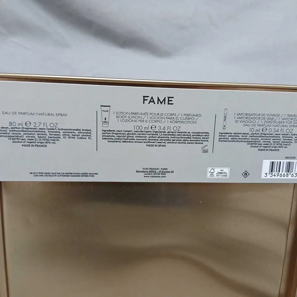 PACO RABANNE FAME FRAGRANCE GIFT SET – EAU DE PARFUM 80ML, BODY LOTION 100ML, TRAVEL SPRAY 10ML