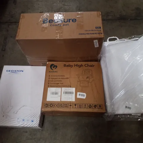 PALLET CONTAINING ASSORTED PRODUCTS INCLUDING CONVOLUTED FOAM PET SOFA, BABY HIGH CHAIR, TOILET SEAT & ELECTRIC UNDERBLANKET