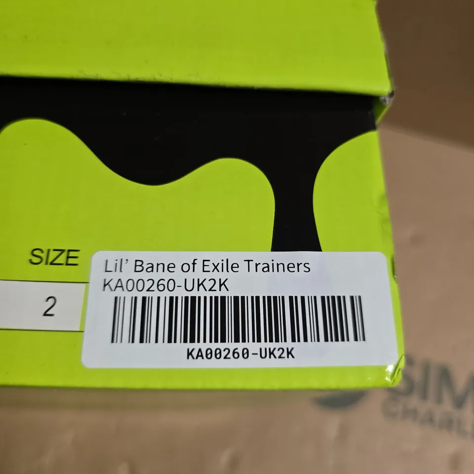 BOXED PAIR OF KOI LIL' BANE OF EXILE TRAINERS – UK SIZE 2 (BLACK)