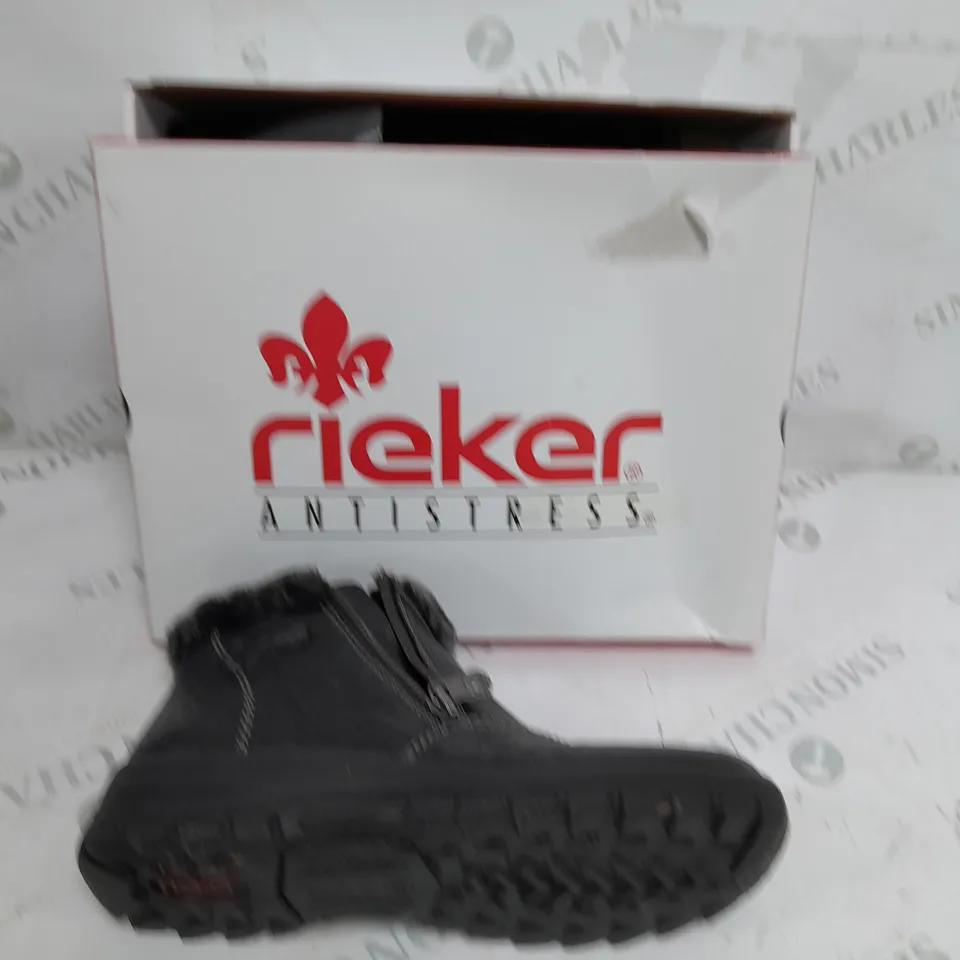 BOXED RIEKER ANKLE BOOTS WITH FUR CUFF, BLACK - SIZE 6