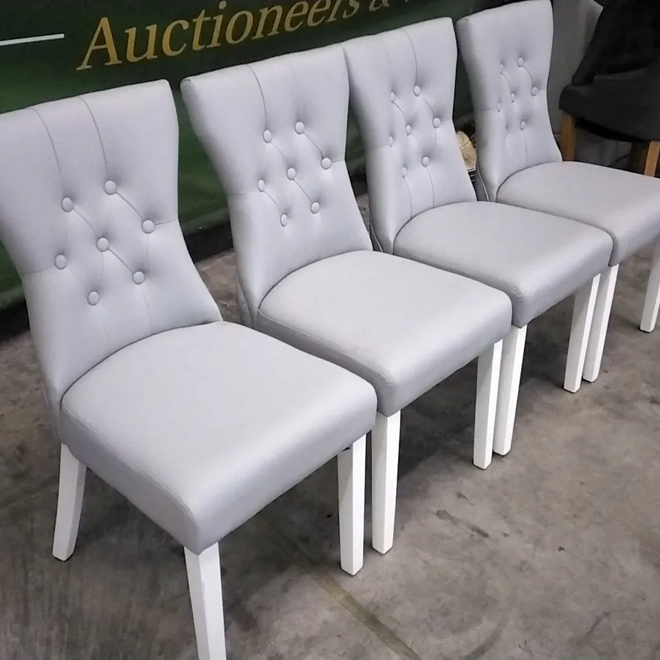 SET OF 4 GREY LEATHER BUTTONBACK DINING CHAIRS WITH WHITE WOODEN LEGS